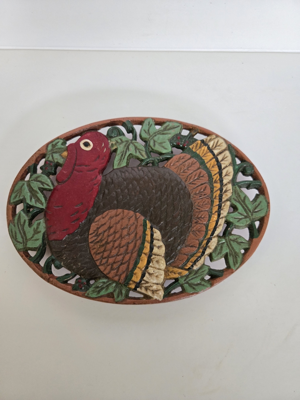 Vintage Painted Cast Iron Turkey Trivet Wall Plaque - Brown, Red, Green, Gold